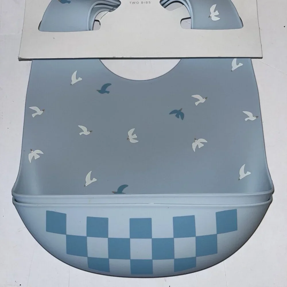Cloud Island Silicone Pocket Bibs Food Catcher Birds Checker Blue White 2 Pack